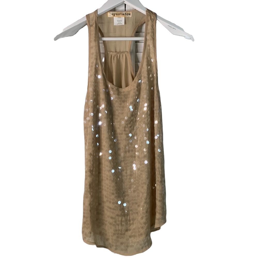 T15 Eyeshadow tan ecru with clear large sequins tank racer back with pleats sz M